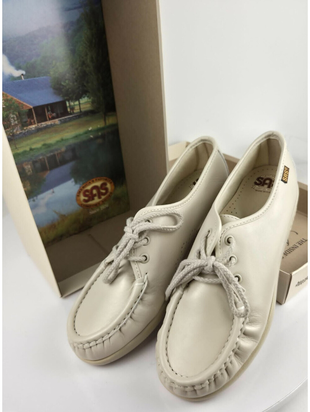 SAS Bounce Womens 6.5 Comfort Shoes Cream Leather Lace Up USA NOS